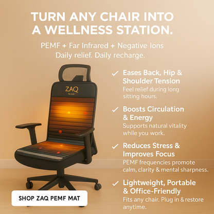 Infrared PEMF Travel Mat fitted to an office chair in a promotional graphic with text.