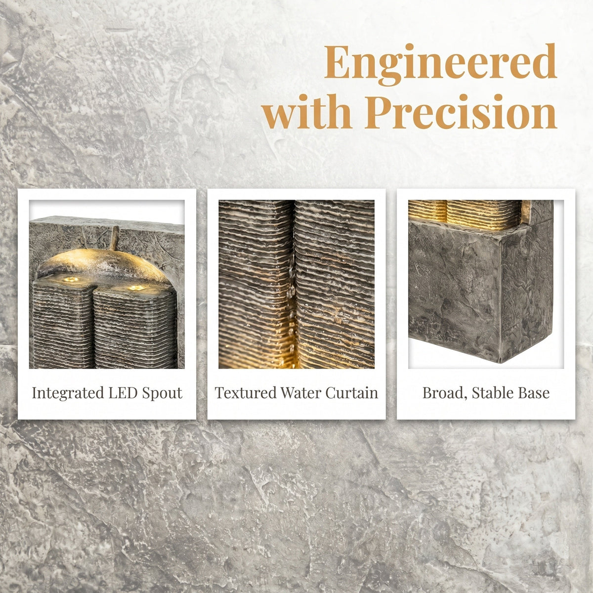 Resin Slate Outdoor Water Wall Fountain detail collage shows its illuminated top, ridged water panels, and base.