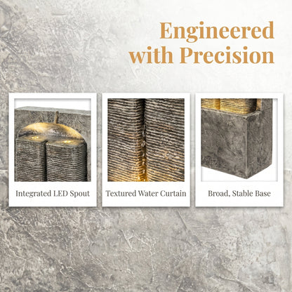 Resin Slate Outdoor Water Wall Fountain detail collage shows its illuminated top, ridged water panels, and base.