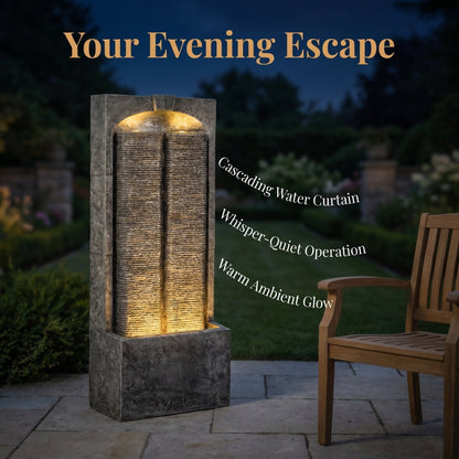 Resin Slate Outdoor Water Wall Fountain stands on a garden patio at night, with warm light glowing across its ridged face.