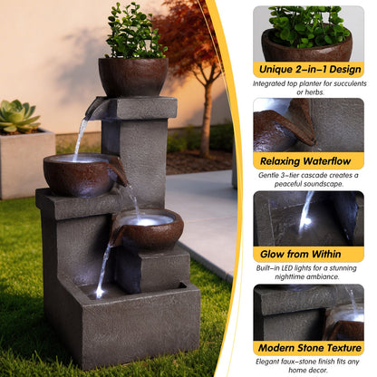 Resin Outdoor Fountain and Planter Stacked Stone displayed beside close-up insets of its planter, water spouts, and basin.