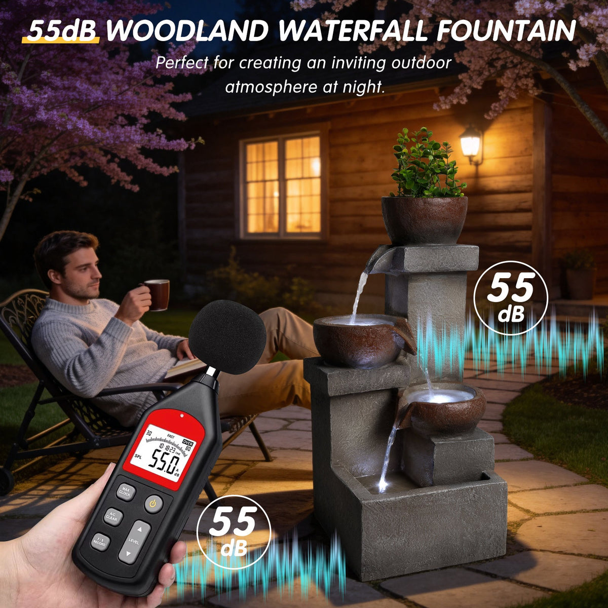 Resin Outdoor Fountain and Planter Stacked Stone flows beside a seated man at night, with a sound meter graphic.