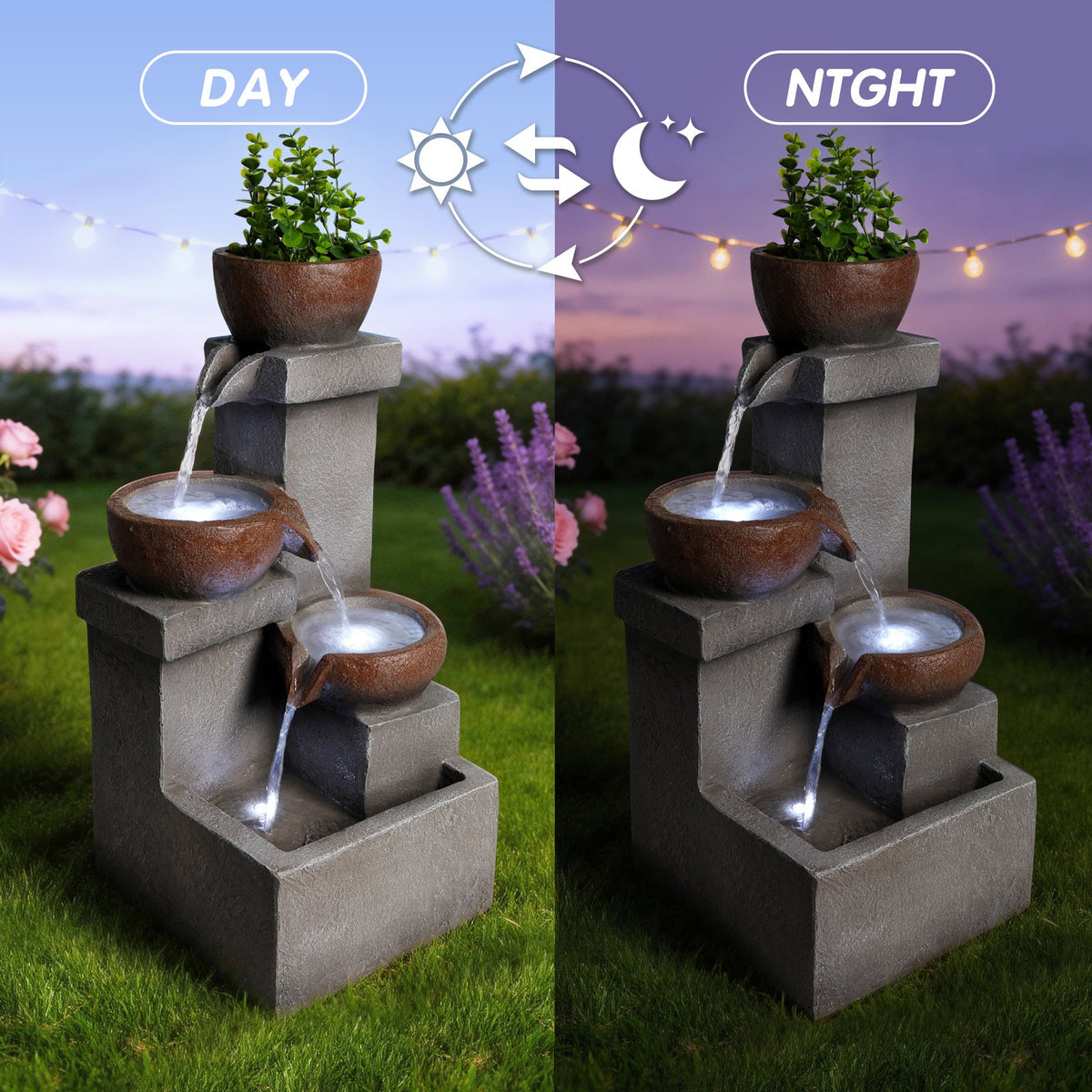 Resin Outdoor Fountain and Planter Stacked Stone shown in a split day-and-night garden scene with flowing water.
