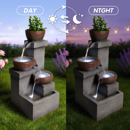 Resin Outdoor Fountain and Planter Stacked Stone shown in a split day-and-night garden scene with flowing water.