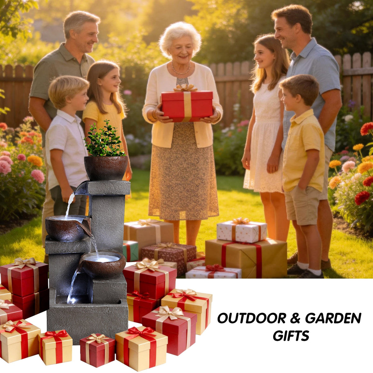 Resin Outdoor Fountain and Planter Stacked Stone appears in the foreground of a family garden gathering with gifts.