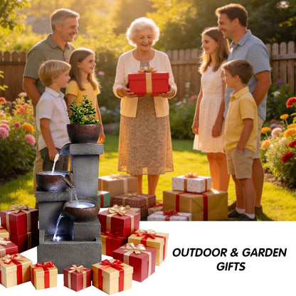 Resin Outdoor Fountain and Planter Stacked Stone appears in the foreground of a family garden gathering with gifts.