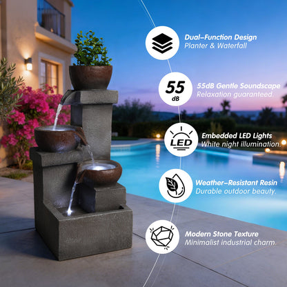 Resin Outdoor Fountain and Planter Stacked Stone beside a swimming pool at twilight, with product feature graphics.