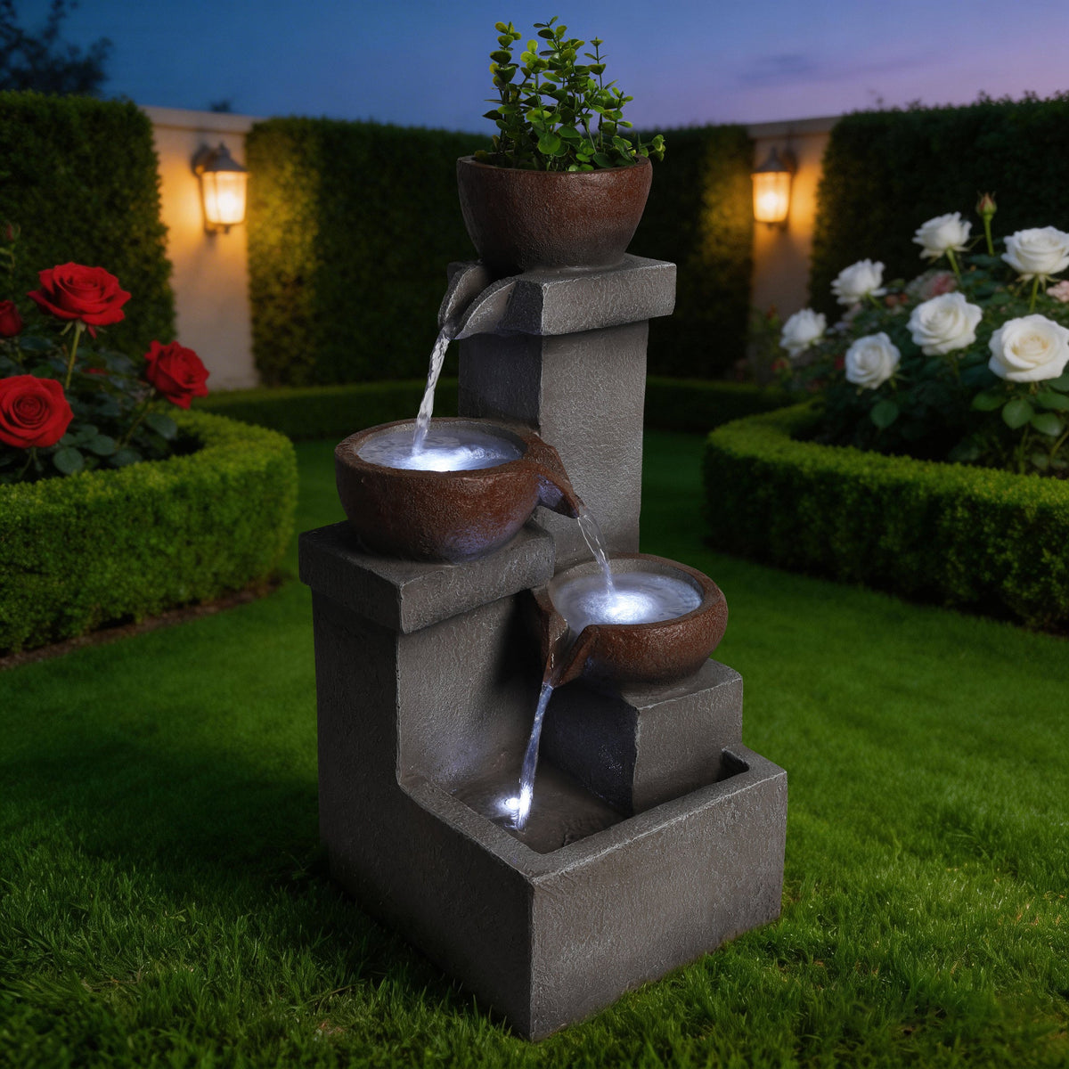 Resin Outdoor Fountain and Planter Stacked Stone cascades in a flower garden at dusk, with lights glowing in its basins.