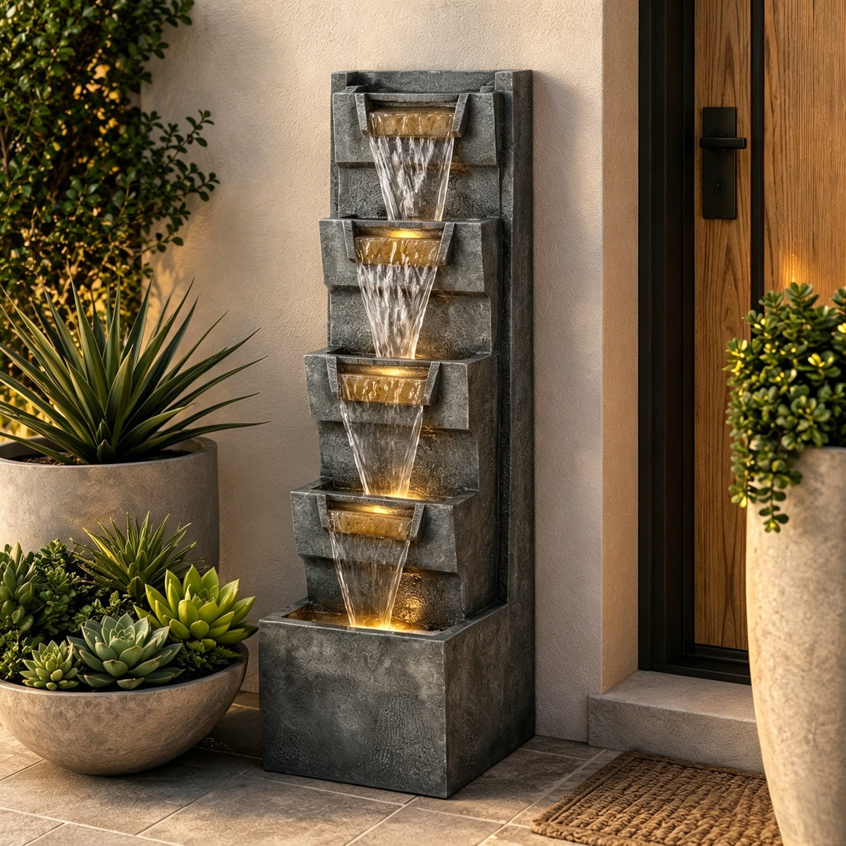 Resin Modern Outdoor Fountain 39 Inch Tilted Chutes flows beside a wood entry door and potted succulents.