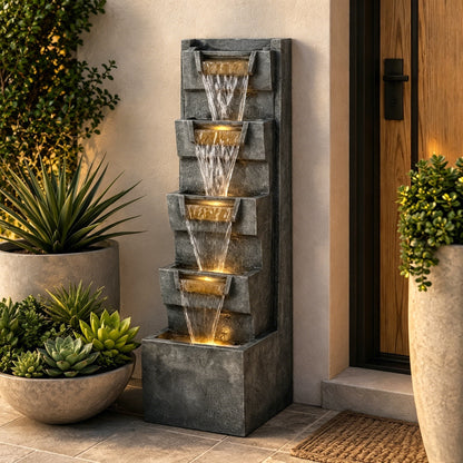 Resin Modern Outdoor Fountain 39 Inch Tilted Chutes flows beside a wood entry door and potted succulents.