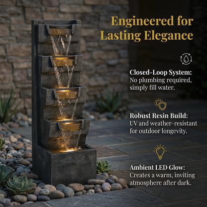 Resin Modern Outdoor Fountain 39 Inch Tilted Chutes glows beside a stone garden wall beneath visible promotional text.