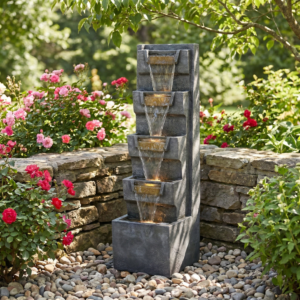 Resin Modern Outdoor Fountain 39 Inch Tilted Chutes pours through four basins among garden roses and river stones.