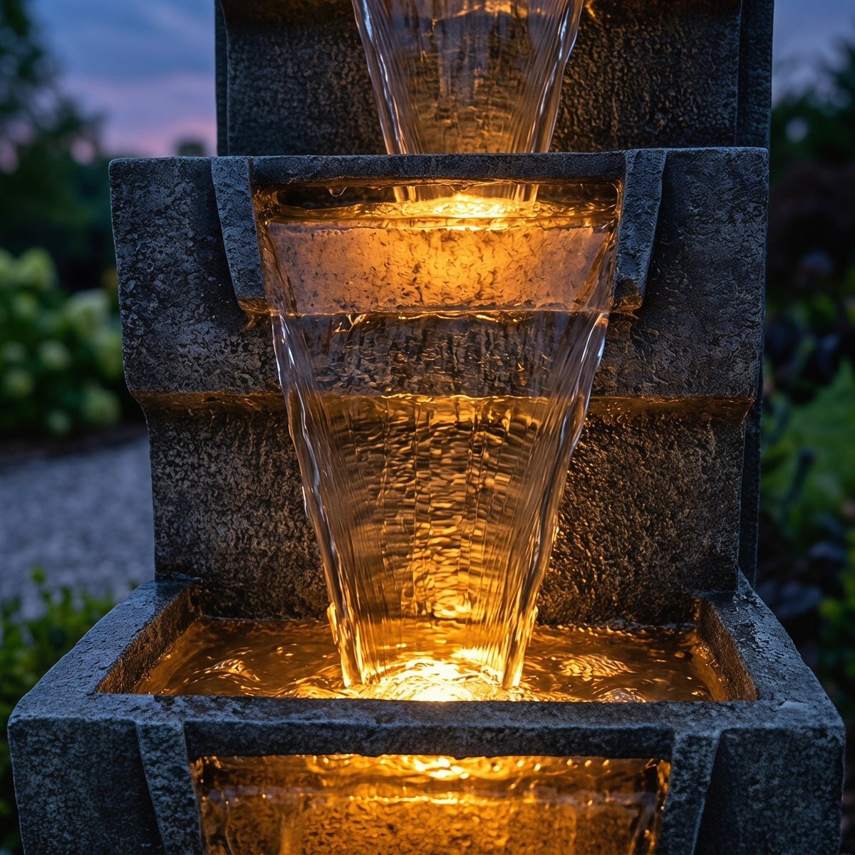 Close view of water cascading into a warmly lit basin on Resin Modern Outdoor Fountain 39 Inch Tilted Chutes.
