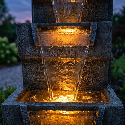Close view of water cascading into a warmly lit basin on Resin Modern Outdoor Fountain 39 Inch Tilted Chutes.