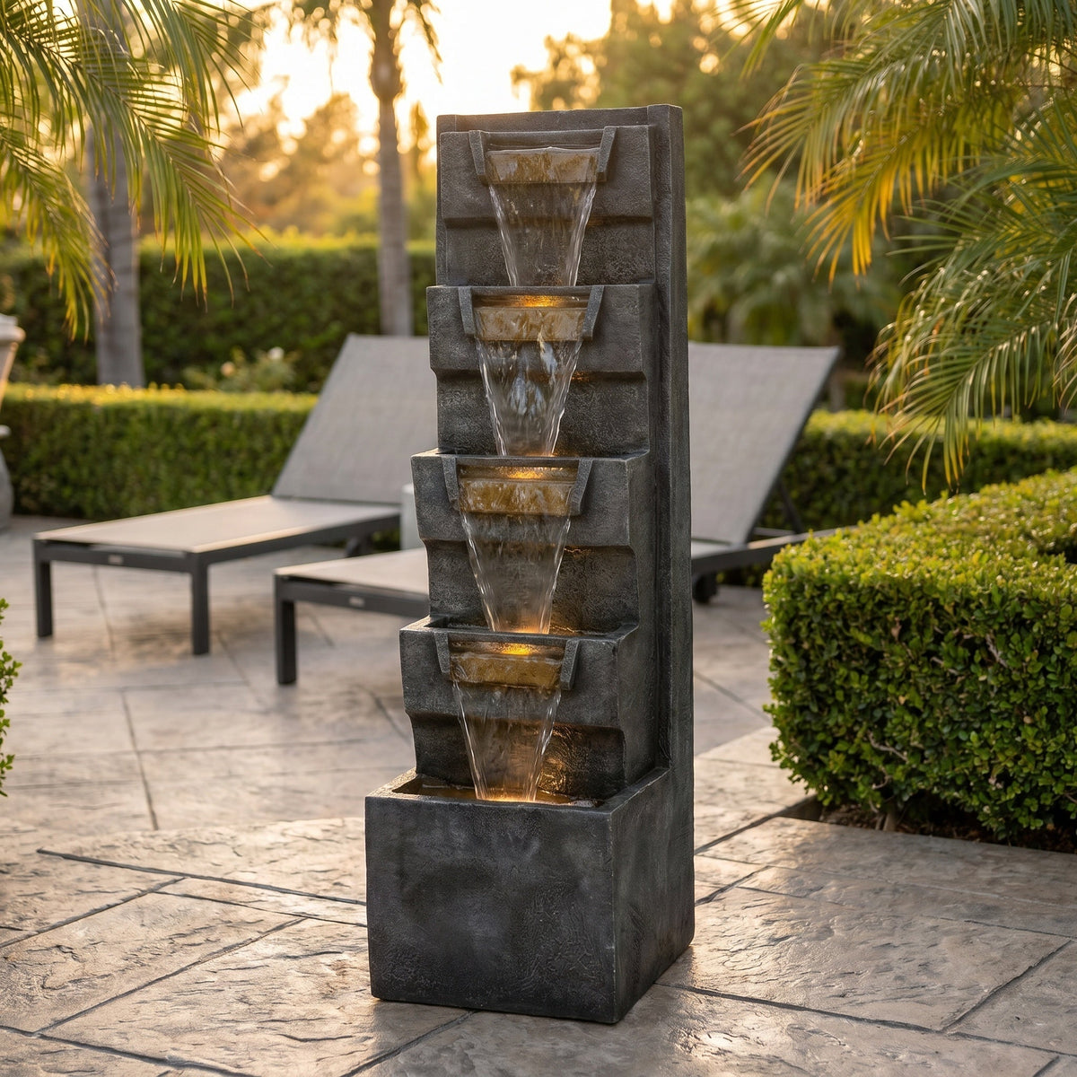 Resin Modern Outdoor Fountain 39 Inch Tilted Chutes stands on a tiled patio with lounge chairs and palm trees.
