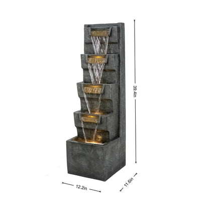 Resin Modern Outdoor Fountain 39 Inch Tilted Chutes shown on white with measurement arrows around it.