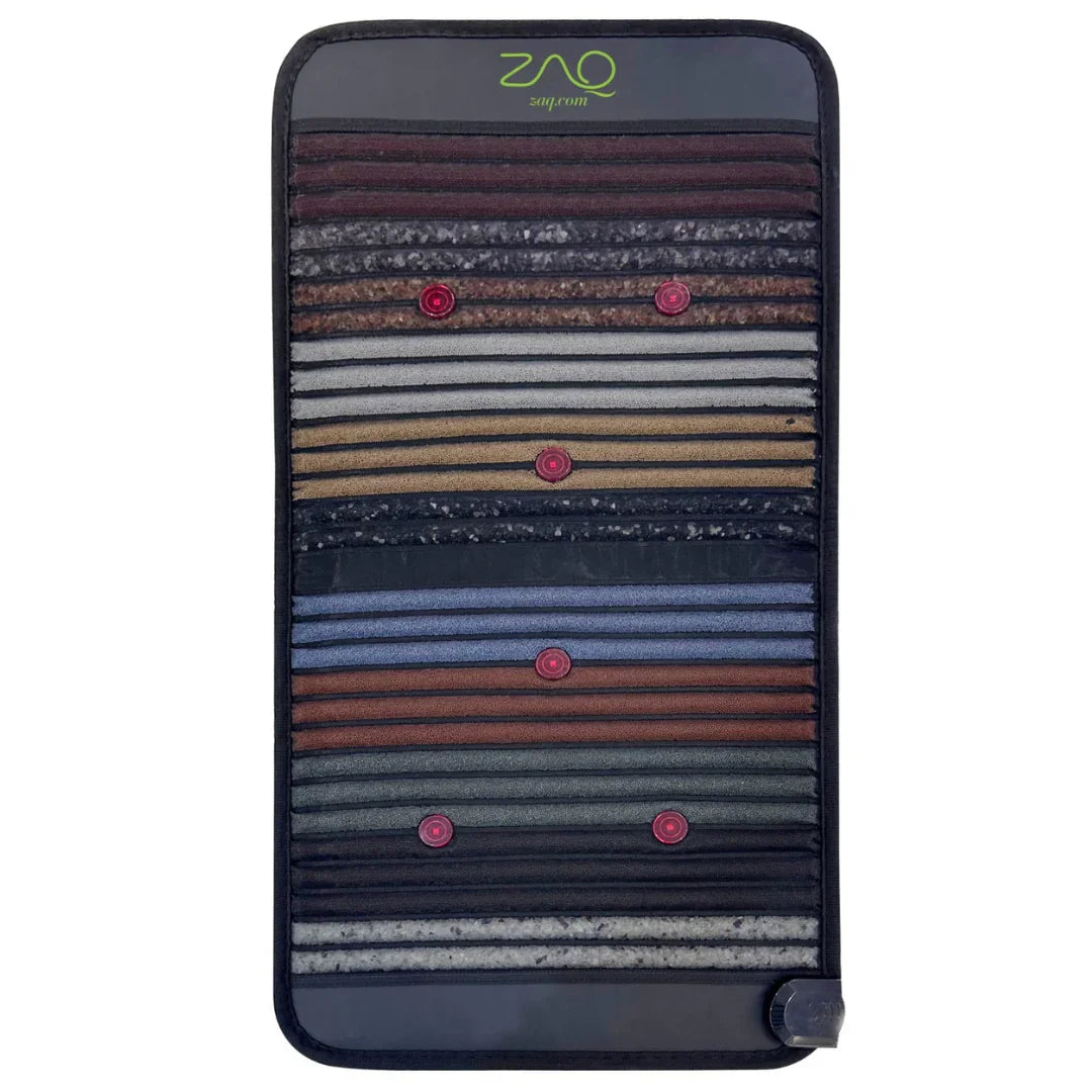 Infrared PEMF Travel Mat shown flat from above on a white background, with striped sections and a corner control.