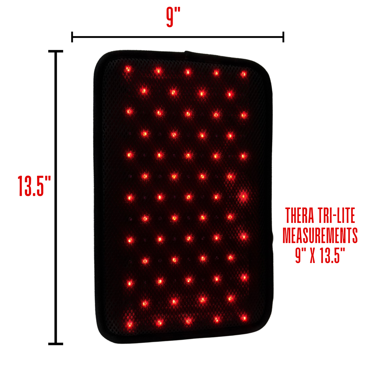 Therasage Tri-Lite™ Red Light Therapy Panel appears with measurement labels and guide lines on a white background.