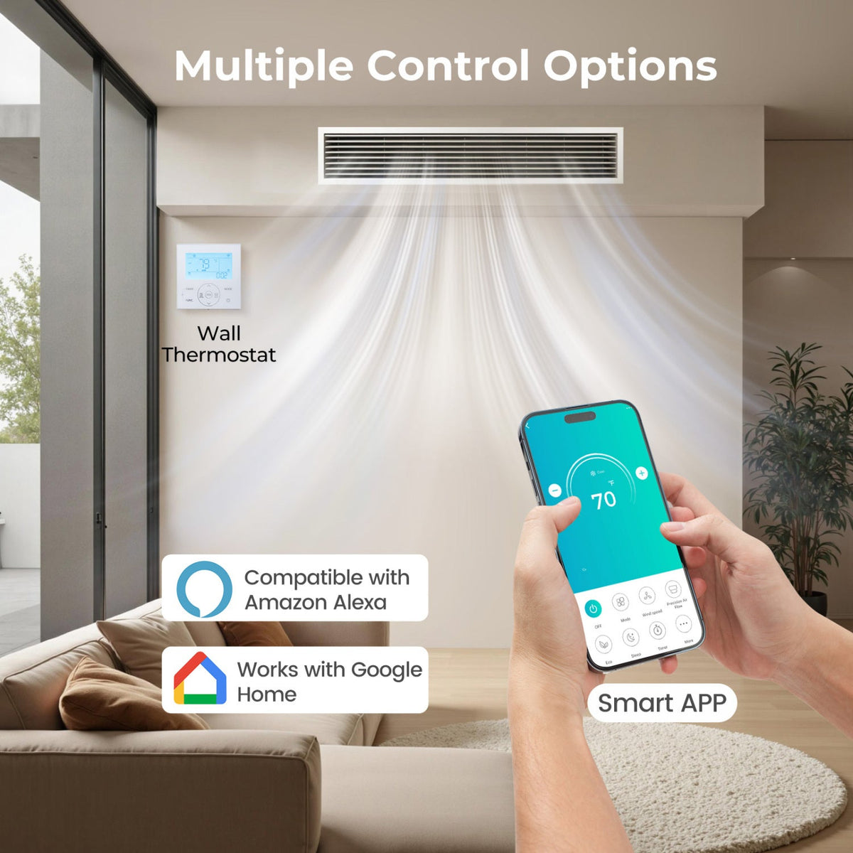 X-Pro 35000 BTU 4 Zone 22.5 SEER2 Concealed Ducted Mini vent shown with a wall thermostat and smartphone in a living room.
