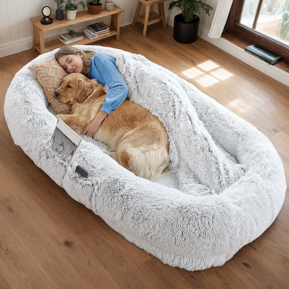 Orthopedic Human Dog Bed with Washable Faux Fur Cover - Grey